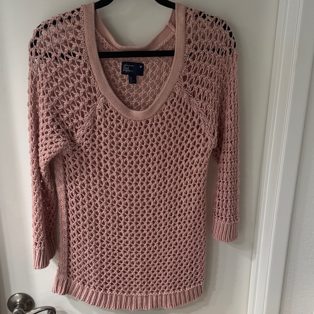 American Eagle Outfitters Pink Crochet Boat Neck Sweater
